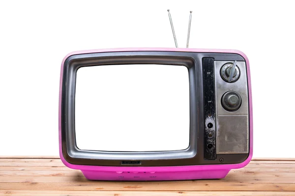 Roze Vintage Tv op houten tafel — Stockfoto