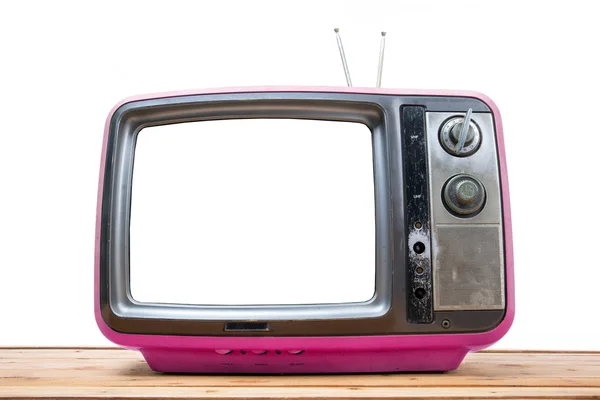 Roze Vintage Tv op houten tafel — Stockfoto