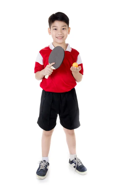 Retrato de feliz asiático chico jugar tenis de mesa —  Fotos de Stock