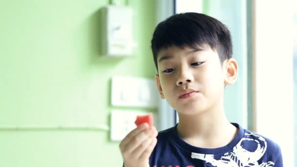 Маленький азиатский милый мальчик ест спелый арбуз — стоковое видео