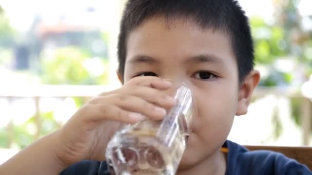 Молодой азиатский ребенок пьет стакан воды  . — стоковое видео
