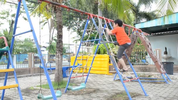 Aziatische schattige jongen spelen in het park — Stockvideo