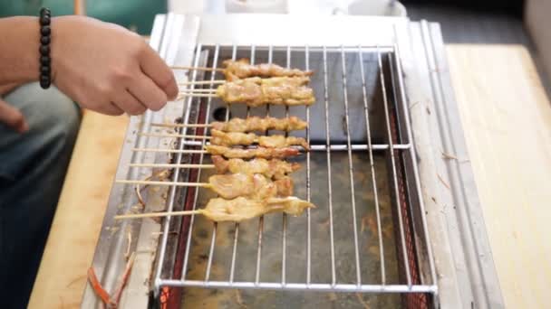 Geroosterd varkensvlees saté op oven, Thais eten in Thailand — Stockvideo