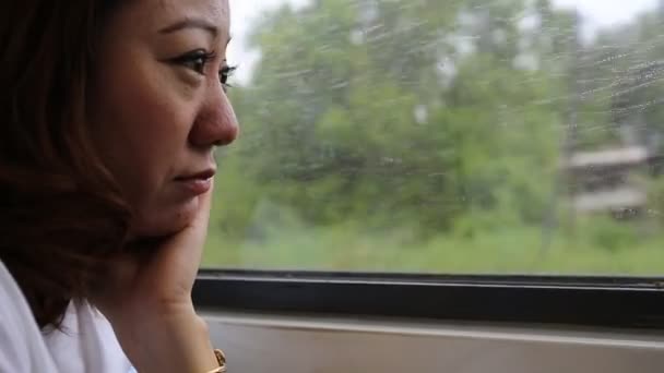 Närbild på asiatiska kvinnans ansikte på ett tåg, leende på utsikten — Stockvideo