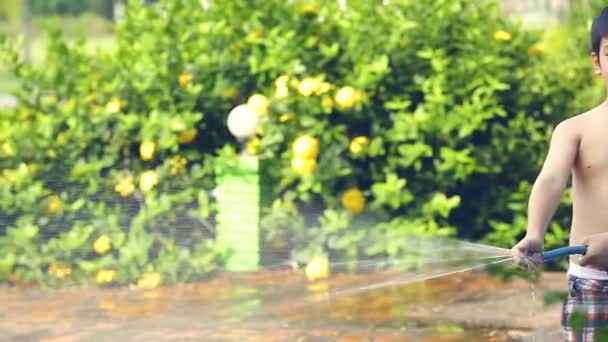 Feliz asiático niño jugar chapoteo con goma tubo agua en Caliente verano — Vídeos de Stock