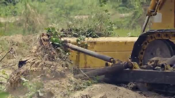 Control de trabajadores no identificado Bulldozer a excavadora niveladora quitando el suelo — Vídeos de Stock