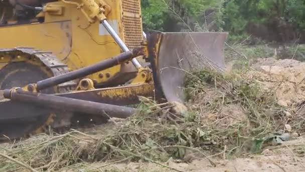 Control de trabajadores no identificado Bulldozer a excavadora niveladora quitando el suelo — Vídeos de Stock