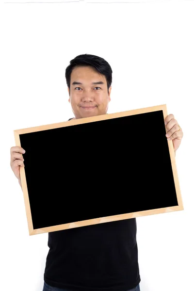 Asiatiska man show med svart woodenboard — Stockfoto