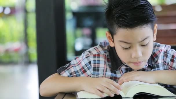 Asiático chico leyendo libro en casa — Vídeos de Stock