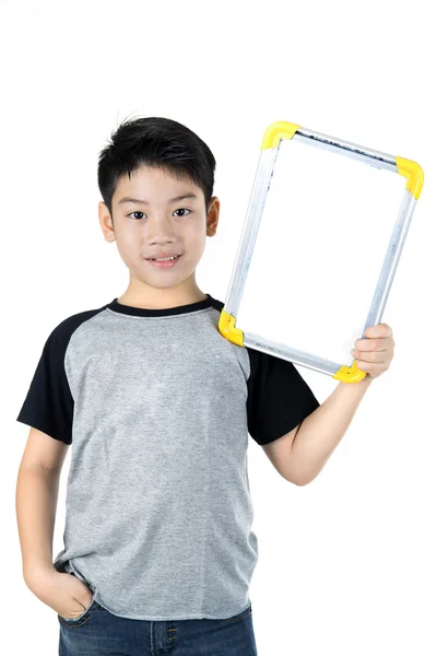 Asian boy is little smile with blank white board and looking cam — Stock Photo, Image