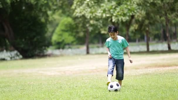 Young asian boy playing soccer in a park, Bangkok Thailand — Stock Video