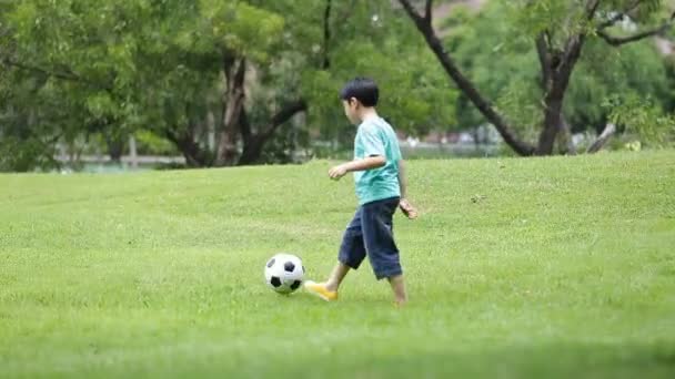 Молодой азиатский мальчик играет в футбол в парке, Бангкок Таиланд — стоковое видео