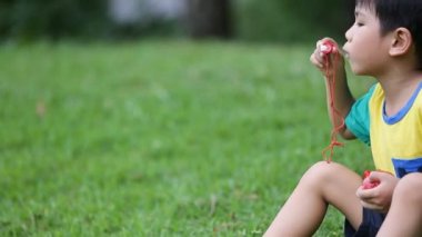 Küçük çocuk parkta balon üfleme