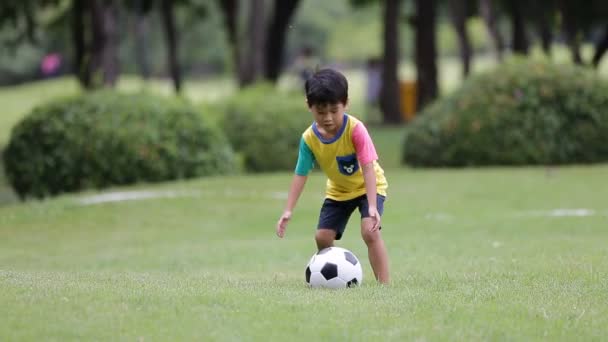 Молодой азиатский мальчик играет в футбол в парке, Бангкок Таиланд — стоковое видео