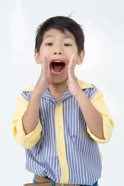 รูปภาพของเด็กชายเอเชียที่มีความสุข หน้าตื่นเต้นและมองไปที่กล้อง — ภาพถ่ายสต็อก