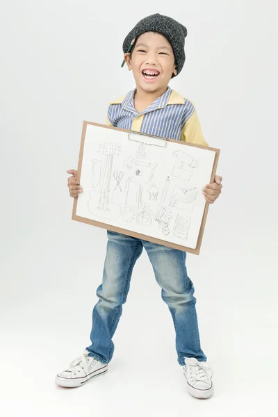 Happy Asian boy holding a art board — Stock Photo, Image