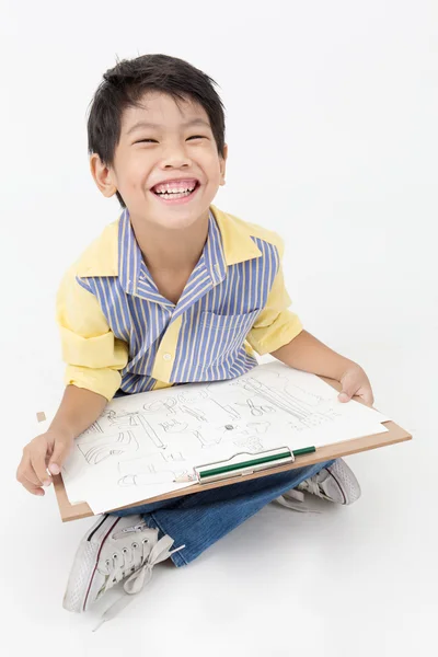 Menino asiático feliz segurando placa de arte — Fotografia de Stock