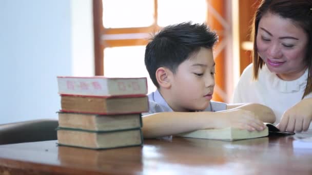 Lesen mit der Lehrerin - ein Grundschüler liest der Lehrerin vor — Stockvideo