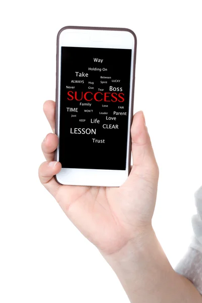 Hände halten das Telefon mit Erfolgsmassage — Stockfoto