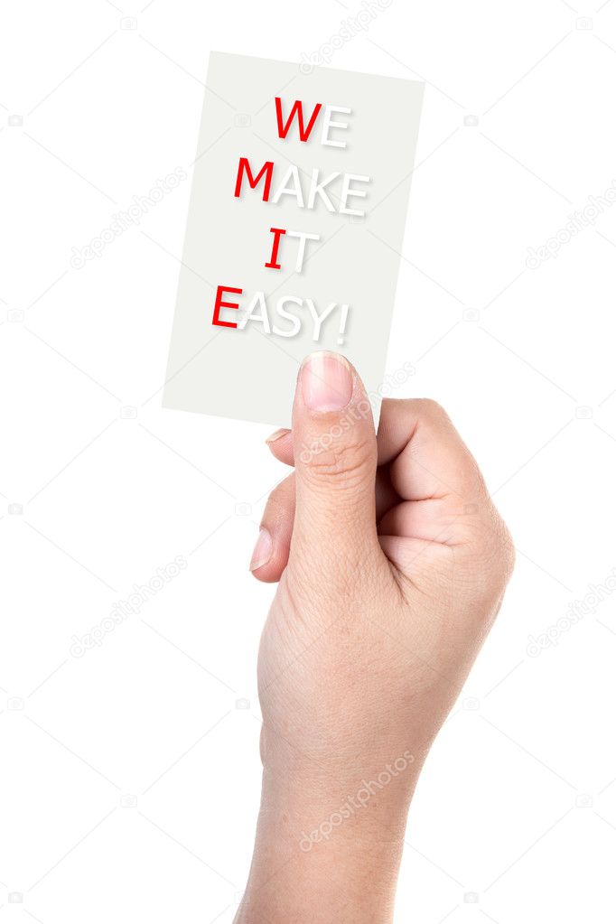 Hand holds business card  with WE MAKE IT EASY! message