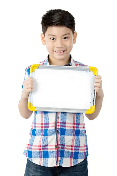 Asiatico ragazzo è poco sorriso con bianco bianco bordo e cercando cam — Foto Stock