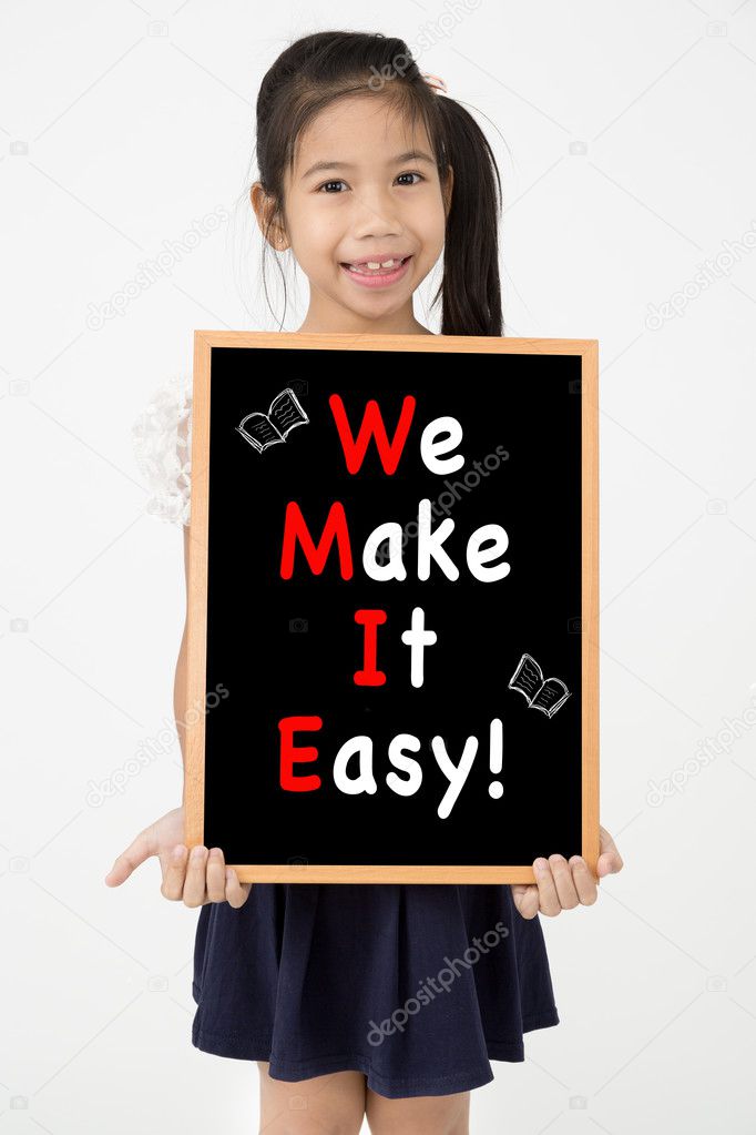 Asian girl sitting and holding chalkboard 
