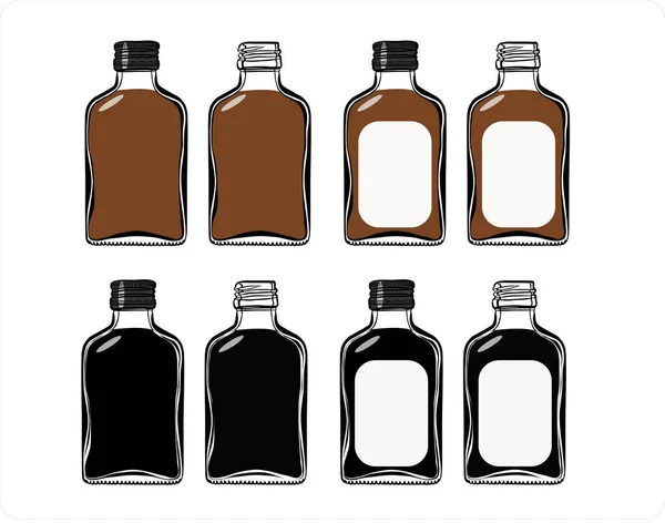 Eight Glass Cognac Mini Bottles Russian Style Cap Open Blank — Stock Vector