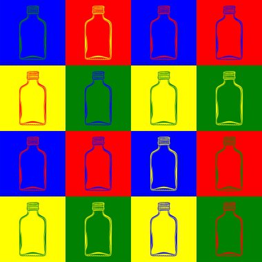 Dört mavi, kırmızı, sarı ve yeşil arka planda mini Rus votka şişesi olan kusursuz bir desen.