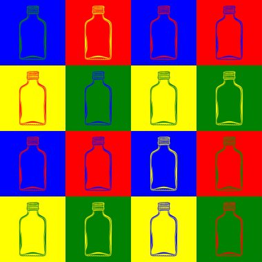 Dört mavi, kırmızı, sarı ve yeşil arka planda mini Rus votka şişesi olan kusursuz bir desen.