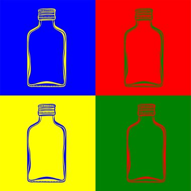 Dört mavi, kırmızı, sarı ve yeşil arka planda mini Rus votka şişesi olan kusursuz bir desen.