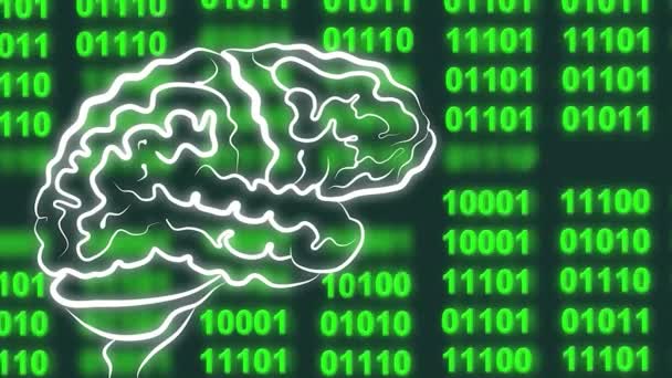 Ordinateur Numérique Code Matrice Binaire Vert Une Image Schématique Cerveau — Video