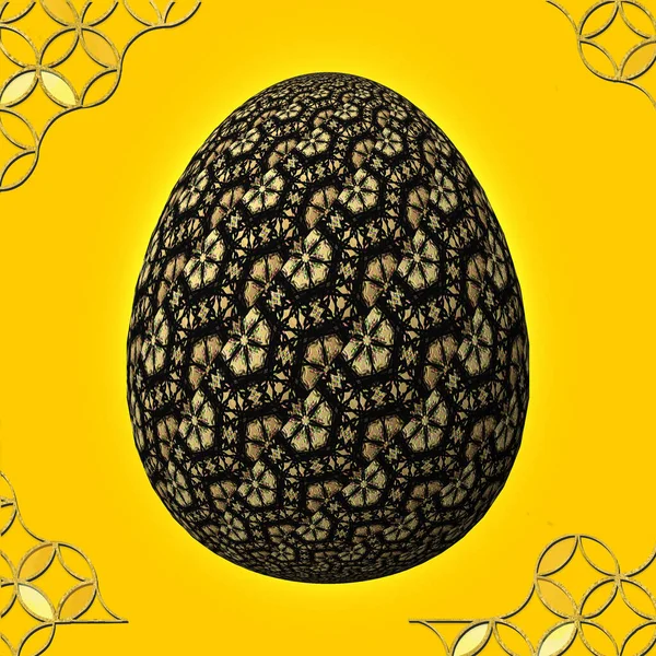 Счастливая Пасха Полностью Оформленное Цветное Яйцо Иллюстрация Желтом Фоне Рамкой — стоковое фото