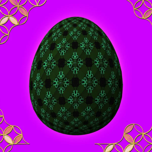 Счастливая Пасха Полностью Оформленное Цветное Яйцо Иллюстрация Фиолетовом Фоне Рамкой — стоковое фото