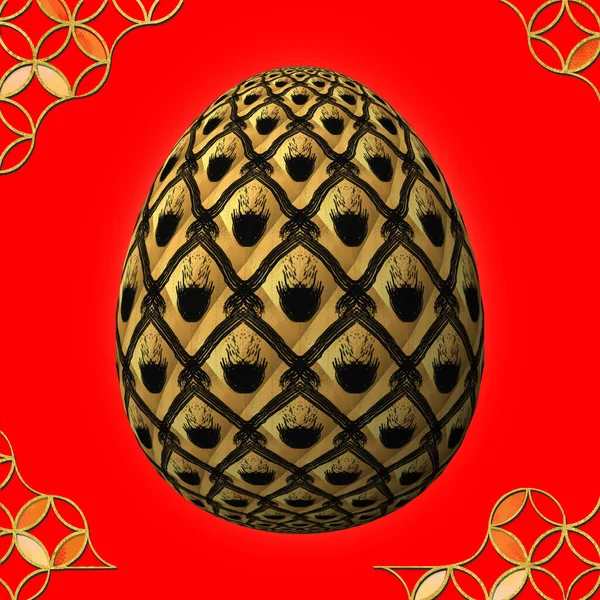 Happy Easter Artfully Zaprojektowane Kolorowe Pisanki Ilustracja Czerwonym Tle Ramką — Zdjęcie stockowe