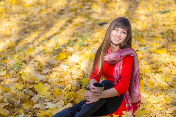 Roztomilá dívka sedící v parku mezi podzimní listí s šálkem horkého čaje — Stock fotografie