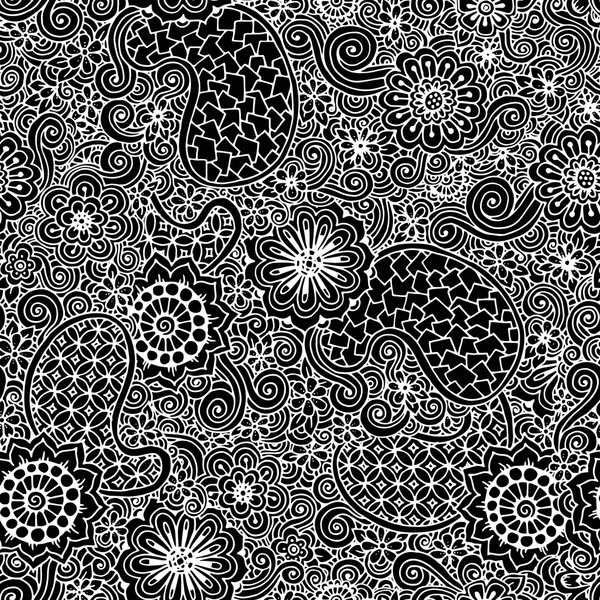 Doodle fundo sem costura em vetor com doodles, flores e paisley. Preto e branco . — Vetor de Stock