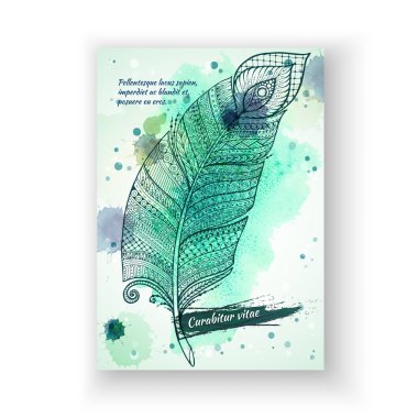 Vektör şablon poster suluboya boya ve etnik tüy arka plan ile.