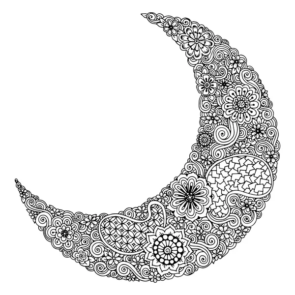 Hand drawn moon with flowers, mandalas and paisley. Black and white floral pattern — Stock Vector