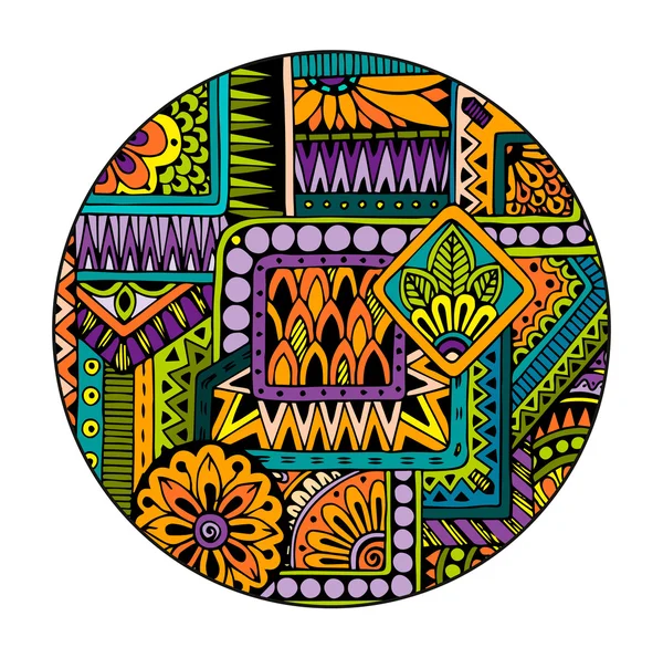 サークルで民族部族のパターン。モザイクのマンダラ。抽象的なベクトルの背景。抽象的なストライプ幾何学的部族のパターン. — ストックベクタ