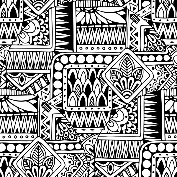 Sans couture asiatique ethnique floral doodle noir et blanc motif de fond — Image vectorielle