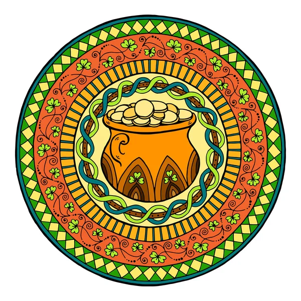 Het thema van de dag van Saint Patricks mandala met Ierse pot van goud en gouden munten met klaver en etnische floral sieraad. — Stockvector