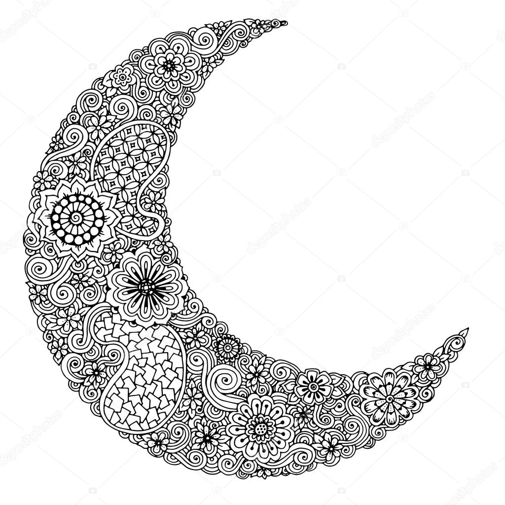 Hand drawn moon with flowers, mandalas and paisley. Black and white floral pattern.