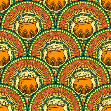 Saint Patricks Günü teması mandala yonca ile İrlandalı pot, altın sikke ile. Siyah, beyaz desen.