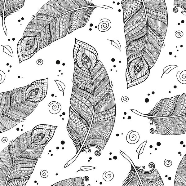 Seamless asian ethnic floral retro doodle background pattern in vector with feathers. — Stock Vector