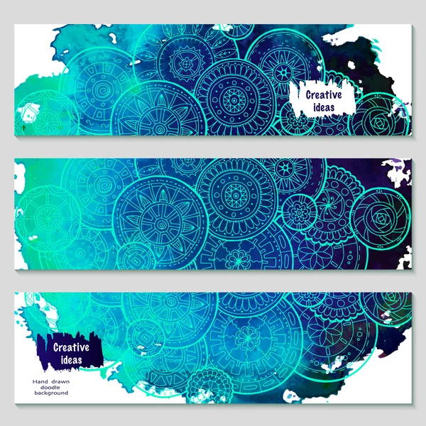 Set of vector template banners with watercolor paint abstract background and doodle hand drawn mandalas. — Stock Vector