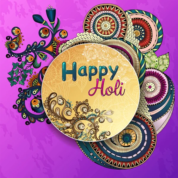 Cartaz de modelo vetorial. Festival indiano Feliz Holi celebrações com mão desenhada mandalas fundo . — Vetor de Stock