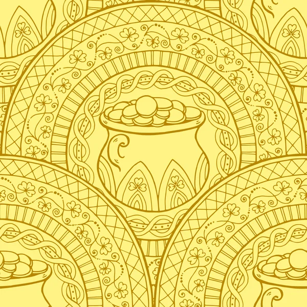 Saint Patricks Day Tema mandala com pote irlandês, moedas de ouro com trevo. Preto, padrão branco . — Vetor de Stock