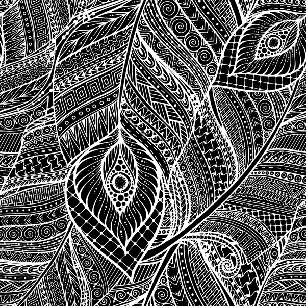 Sans couture asiatique ethnique floral motif de fond doodle rétro en vecteur avec des plumes. Modèle tribal Henna paisley mehndi . — Image vectorielle