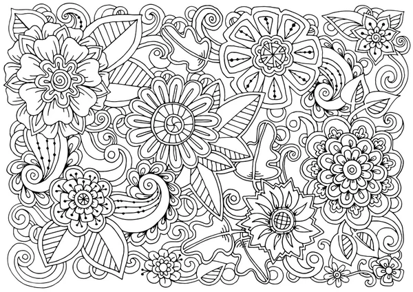 Hand getekend patroon met bloemen. Sierlijke patroon met abstracte bloemen en bladeren. Zwart-wit achtergrond. — Stockvector