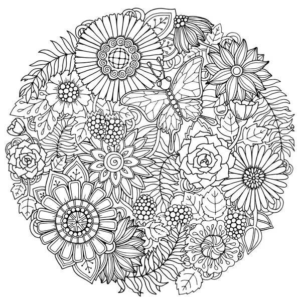 Cirkel zomer doodle bloem ornament met vlinder. Hand getekende kunst bloemen mandala. Zwart-wit achtergrond. — Stockvector